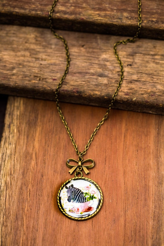 FREE SHIPPING - **NEW** Zebra In A Teacup 30mm Bronze Lace & Bow Pendant Necklace - Unique - Vintage - Gorgeous Gift - Love