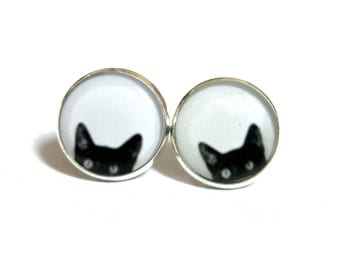 BLACK CAT EARRINGS - Peeking Cat earrings - cat studs - cat jewelry - black cat earrings - cats - black and white earrings - peeking cat