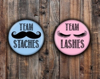 Lashes or Staches gender reveal pins. Pink and Blue.