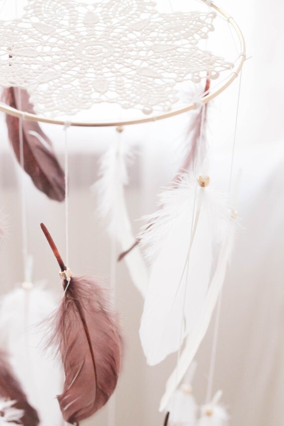 Items similar to Brown and White Feather Mobile Gold Boho Bohemian