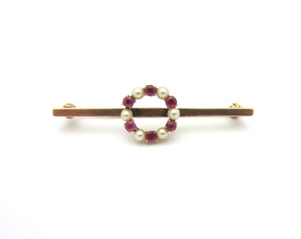 Vintage Estate Ruby and Seed Pearl Circle Bar Pin 10k Yellow Gold