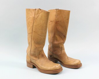 70s Tan Leather Boots, Size 7.5, Stacked Heel, Yellow Brown, Campus Boot, Hippie, Boho, Festival, DISTRESSED, Sears Brand, Western, Cowboy