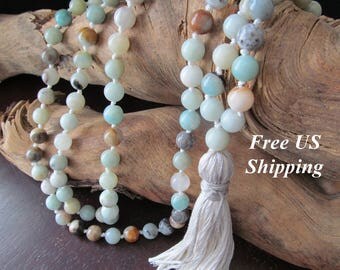 Amazonite Mala Beads, 108 Bead Mala, Mala Necklace, Prayer Beads, Yoga Jewelry, Japa Mala, Meditation, Beaded Necklace, Buddhist, Blue Mala