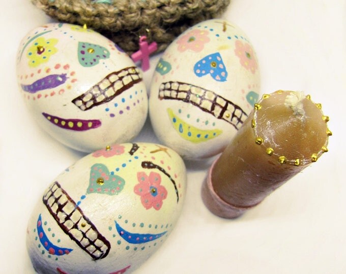 Summer SALE Sugar Skull Eggs Basket - Boho Easter Decor - Día de los Muertos Altar Tool - Mexican Decor - Easter Gift Set - Wooden Eggs...