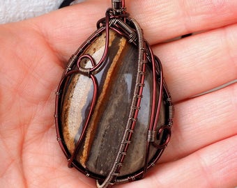 Petrified Wood Jasper Wire Wrapped Necklace/Colors of Nature/Adventure Style Jewelry/Handcrafted Pendant/Gift for Him/Anniversary Gift
