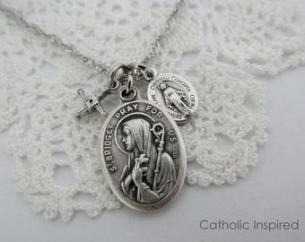 St Bridget Necklace - Crooked Woven Cross Miraculous Medal - Stainless Steel Chain - Irish Ireland Confirmation Catholic