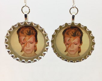 David Bowie Jewelry - Aladdin Sane Bottle Cap Earrings - Ziggy Stardust - Lightening Bolt- Nickel Free - .925 Silver Ear Hooks