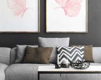 Two Butterflies set Baby Pink Room Decoration Nursery Kids Room Watercolour Painting, 2 Insect Prints, Light Wall Giclee Fine Art Print