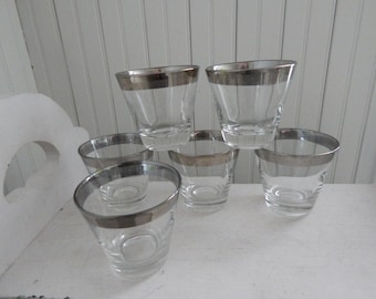 Mid Century Barware High Ball Glasses - Set of Six Vintage Bar Glasses - Dorothy Thorpe Style Glasses with Wide Silver Band - 1960s Barware