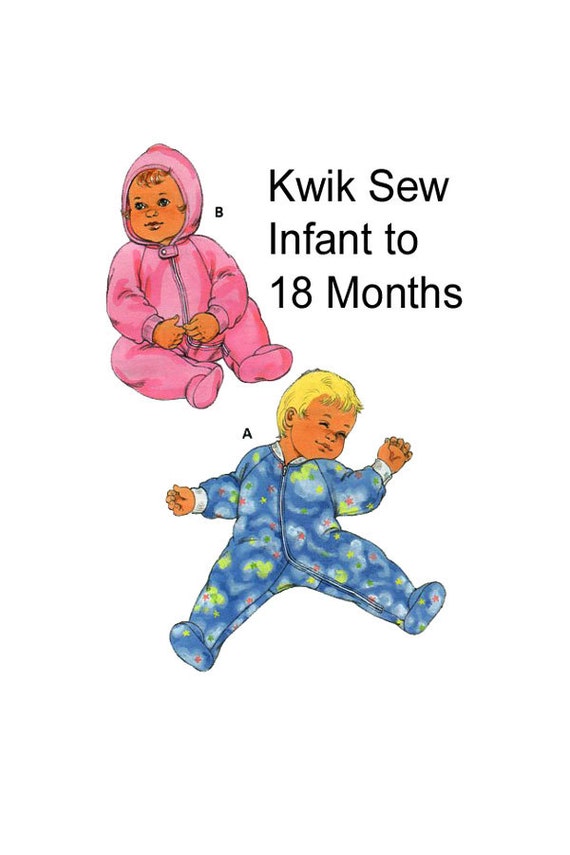 Baby Footed Sleeper, Kwik Sew 2919, Sewing Pattern, Snowsuit, Zipper Front, Ribbing Collar, Cuffs, Hood, Size Newborn to 18 Months, UNCUT