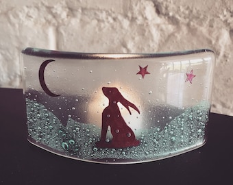 Hare Fused Glass Curve, tea light candle shade, gift for nature lover, moongazing hare,