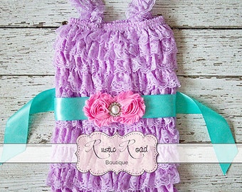 Lace Romper & Sash, Lavender Ruffle Romper, Baby Girl 1st Birthday Outfit, Cake Smash Outfit, Girls Romper, Baby Romper, sizes 3Mos-8Yrs