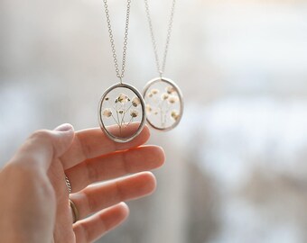 Stained glass pendants oval lockets and earrings with pressed flowers gypsophila jewelry in silver