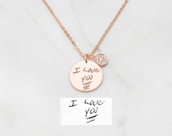 20% OFF Handwritten Necklace with Button Charm / Custom Handwriting Necklace / Handwritten Jewelry / Signature Disc Necklace / JN28