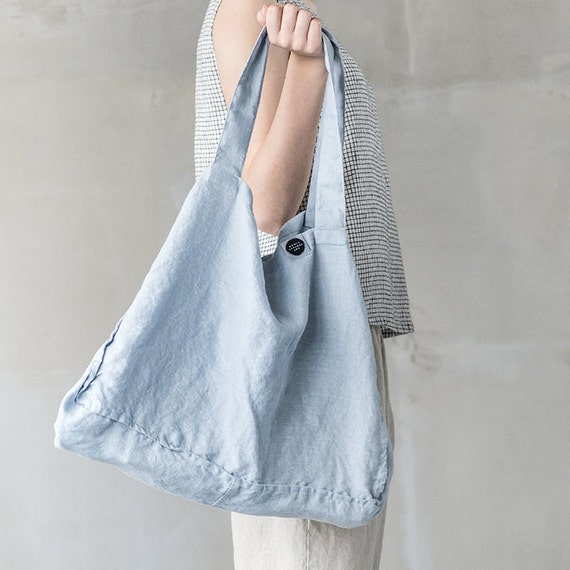 Large bluish grey linen tote bag / linen beach by notPERFECTLINEN