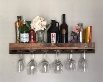 30" FLOATING (low back) Rustic Wood Wine Rack | Shelf & Hanging Stemware Glass Holder Organizer Bar Unique Baking Containers, Spice Rack