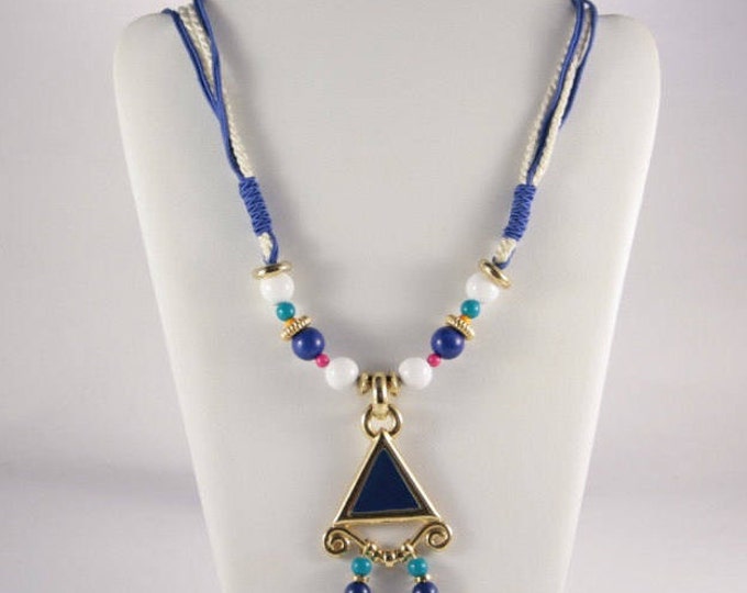 Aztec Necklace Vintage Beach Party Necklace White Blue Triangle Pendant Greece Fashion Gift To Her Turquoise Gold Color Native American