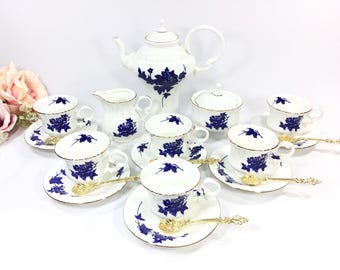 Gorgeous 21 Piece Romanian Complete Tea Set Teapot, Cup, Saucer, Spoon For Tea Party Wedding Shower Tea Time, Ceroc #A982