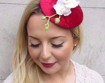 Red White Velvet Orchid Flower Fascinator Hat Races Headpiece Hair Clip Vtg 2662