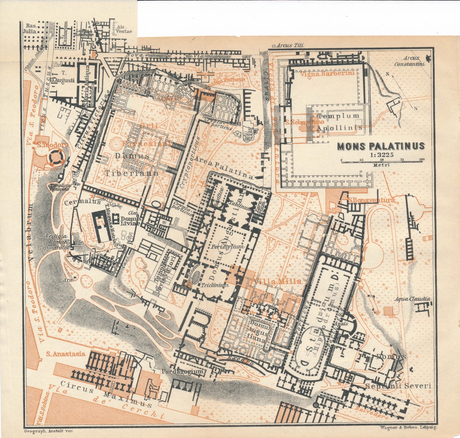 1928 Palatine Hill Rome Italy Antique Map