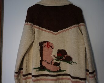 Men's 1950's Tan Cowichan Cardigan Sweater Cowboy Boot and Hat Design Size M