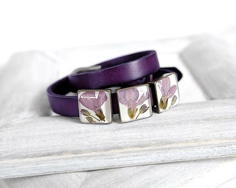 Cute gift idea for mother day gift Double wrap leather bracelet for girlfriend Purple gift Anniversary bracelet for wife Chic bracelet mom