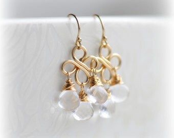 Crystal Chandelier Earrings, Clear Quartz Earrings Gold, Birthday Gift for Her, Clear Quartz Chandelier Earrings, April Birthstone Blissaria