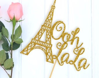Eiffel Tower Glitter Cake Topper, Ooh La La, Paris Theme, Parisian Party, Choice of: Gold, Silver, Rose Gold, Bronze, or Black