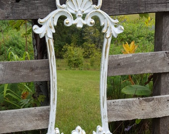 Large distressed Shabby Chic White and Gold Wall Mirror/ Hollywood Regency Mirror/ Ornate Mirror/ Baroque Mirror / Bathroom mirror/ Nursery
