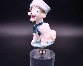 Custom Lamp Final Featuring a Charming White French Poodle with a Light Blue Sailors Hat and a Dark Blue Ribbon