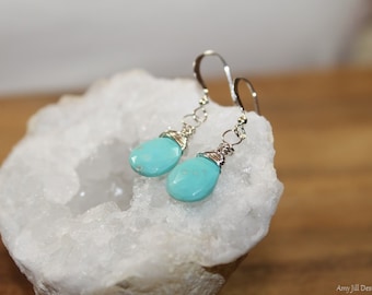 Sleeping Beauty Turquoise Earrings, Wire Wrapped, Sterling Silver or Gold Filled, December Birthstone