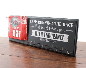 Running medal holder and race bib hanger - running medal rack race bib holder - Hebrews 12:1 - Keep running the race that is set before you
