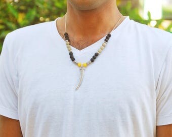 Elephant tusk necklace, Engraved silver necklace, Primitive tribal necklace, Rustic boho necklace, Beaded gemstone necklace for men, 1165-1