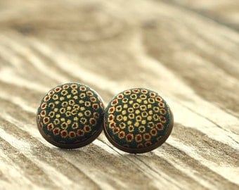 Stud Earrings, Medieval Treasure, Gold Adornment Earring Studs, Green Vintagelook Fabric Button Jewelry, Historical Earrings, Antique Posts