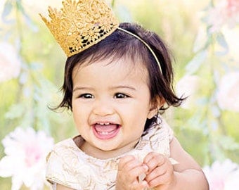 Princess Birthday Crown Headband - Lace - Birthday Crown - Gold - Mini - Baby - Toddler - Adult - Tiara - Costume - Smash Cake - Photo Prop