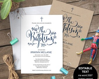 Boy Baptism invitations, Baptism invitation printable, Baptism invitation boy, template, editable text, Christening, Navy, #S11-BIBN