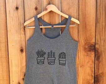 Succulents Screen Print Women's Tank Top in Heather Gray - Cactus Shirt - Plants Shirt - Succulents - Vegan - Racerback Tee - Graphic Tee