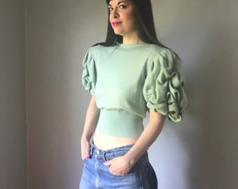 vintage 70s EMANUEL UNGARO Parallele Paris sea foam green cashmere sweater | short sleeve poof shoulder sweater