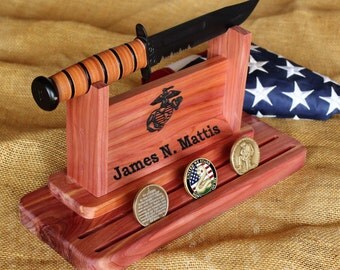Personalized Marine Corps Ka Bar Knife Stand With Challenge Coin Display Made Of Solid Wood With EGA - Keepsake USMC Gift - Dual Display