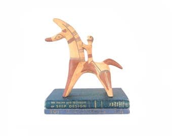 Large Ceramic Etruscan Horse & Rider Statue Mid Century Ceramic Sculpture Vintage Stylized Pottery Clay Figure Modernist Minimalist Decor