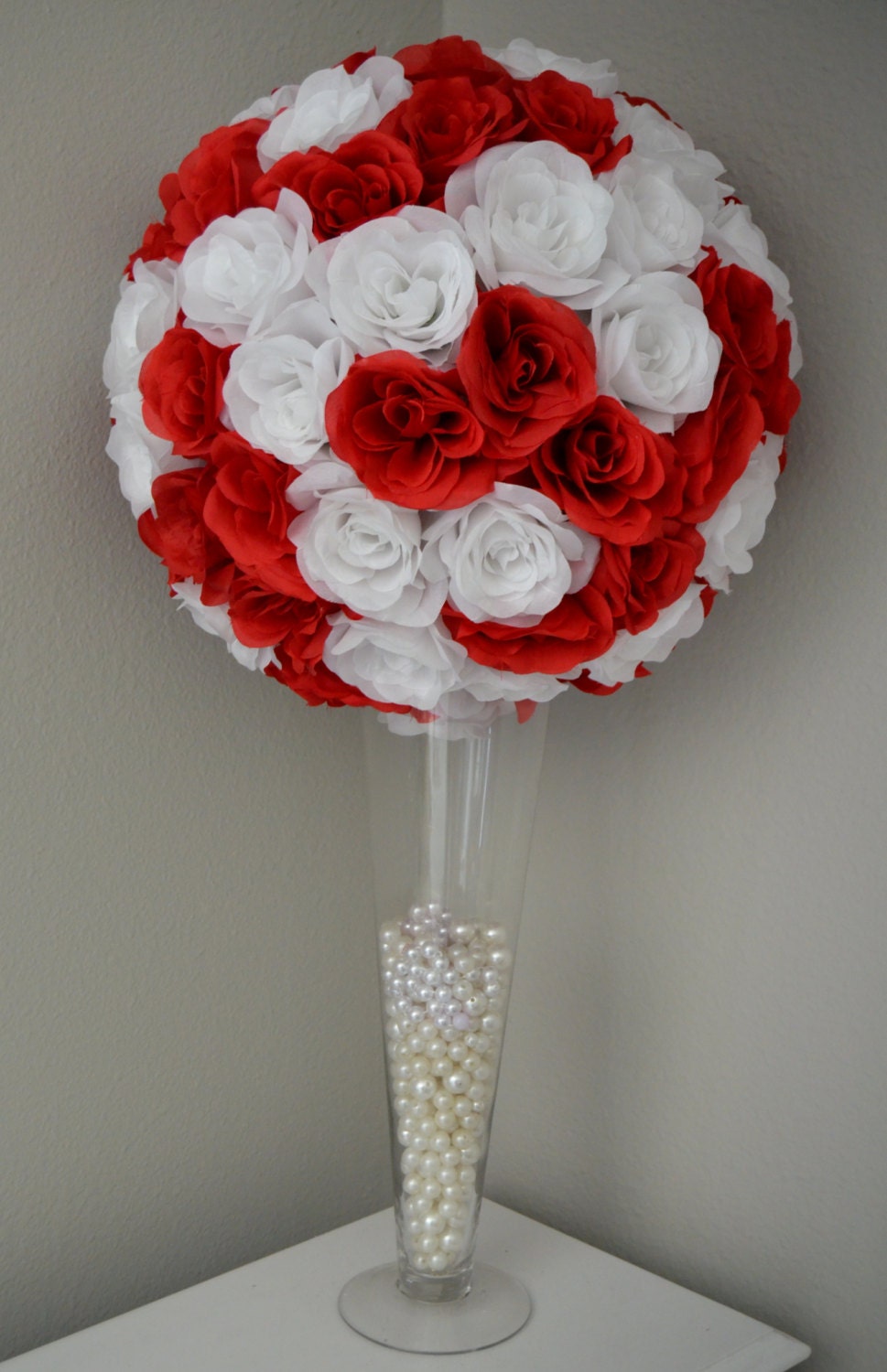 RED and WHITE Flower Ball. Wedding Centerpiece. Kissing Ball.