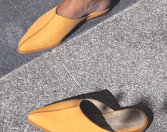 Honey leather slippers - Mustard suede leather slippers - Open back slippers - Leather loafers - Handmade Leather Shoes - Suede Leather