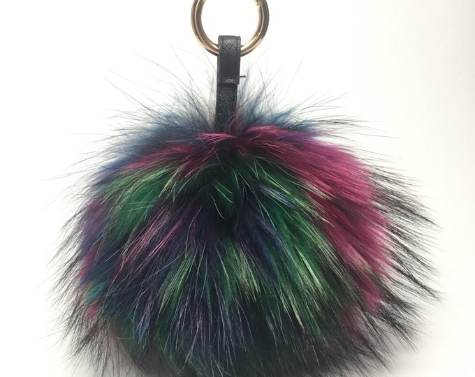 NEW Tropical Swirl™ Multi Color Raccoon Fur Pom Pom bag charm 7 inch pom pom FALL KING