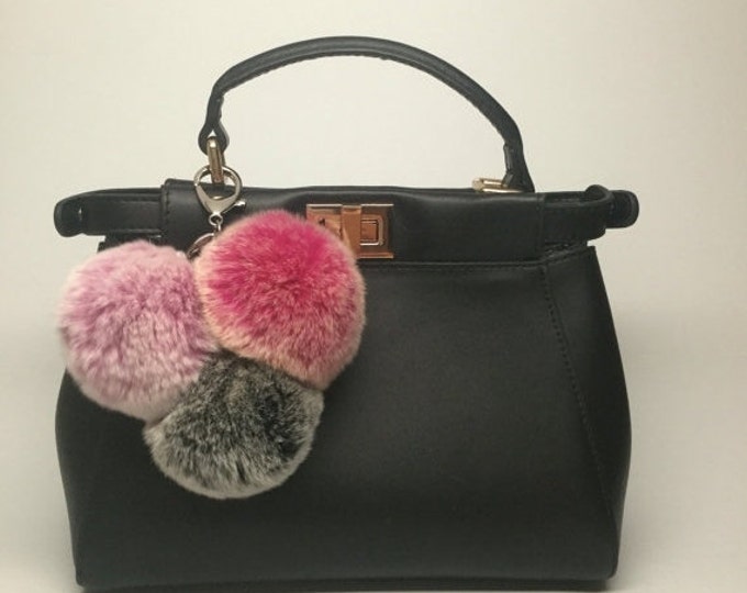 Trio rabbit fur pom pom corsage Bag Charm Totem keychain Hot Pink Lavender and Black Frost