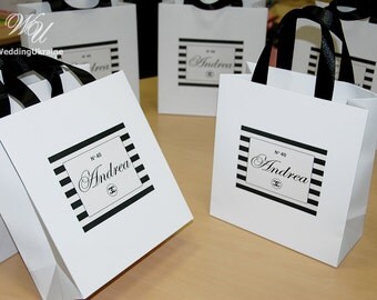 Chanel Party Favors Gift Bag with satin ribbon and Personalized tag - Black & White Chanel style Theme Birthday party Welcome Bags