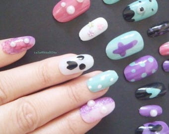 3d pastel goth fake nails press on false nail art kei pop japan otaku mint lavander pink glitter lolita artificial oval lasoffittadiste