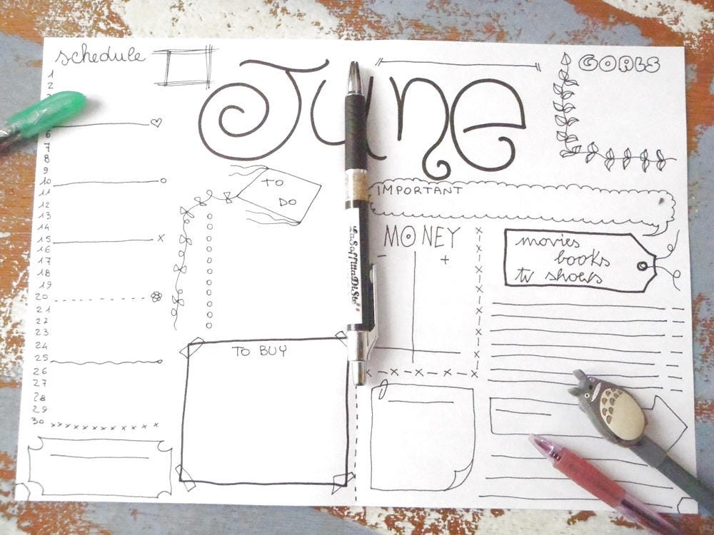 june bullet journal monthly journaling printable planner