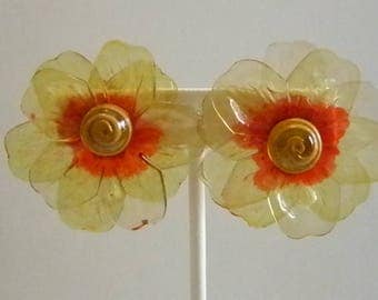 Translucent Pale Yellow Red Flora Clip Earrings - Japsn