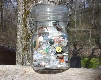 Vintage Clear Glass Ball Jar Filled With Button's, Vintage Ball Jar With Glass Lid, Sewing Room decor, Vintage Button's, Ball Jam Jar,