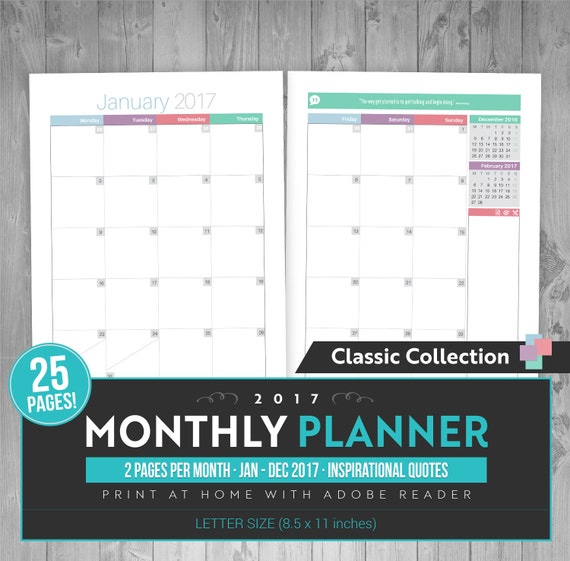 2017 Modern Two Page Monthly Calendar Mon-Sun Instant
